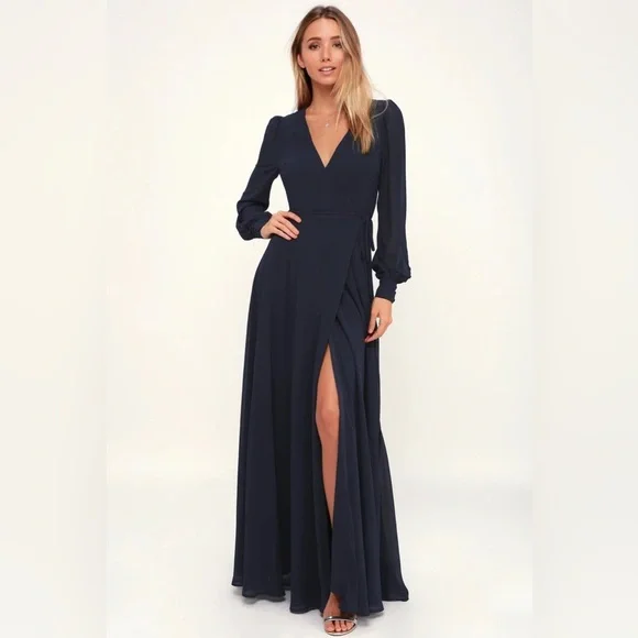 Navy Blue Long Sleeve Dress Casual Dark Navy Blue Maxi Dress Wrap Dress  Long Sleeve Dress